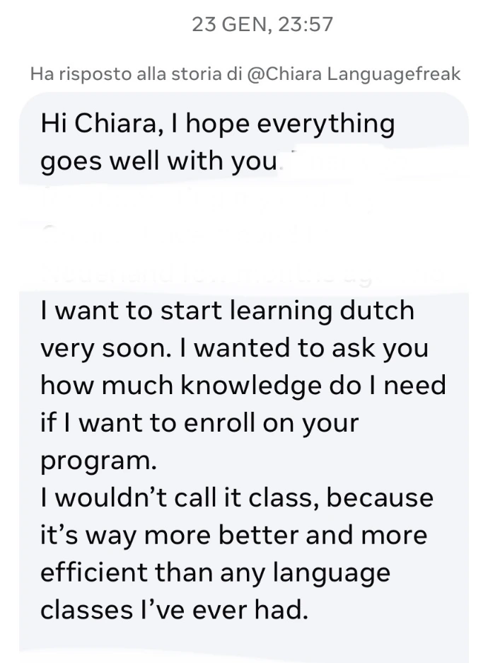 Student testimonial message about language coaching program